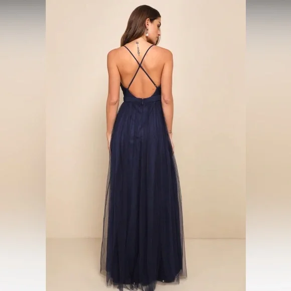 Lulus Maniju Rare Beauty Navy Tulle Backless Maxi Dress - Picture 3 of 10